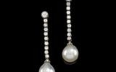 A pair Oriental pearl and diamond ear stud pendants