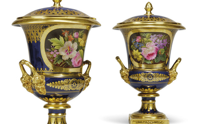 A PAIR OF PARIS PORCELAIN ((DARTE FRERES) BLUE-GROUND TWO HANDLED ICE-PAILS, COVERS AND LINERS, CIRCA 1820, IRON-RED STENCILED DARTE/PALAIS ROYAL/NO 21 MARK TO BASES AND LINERS