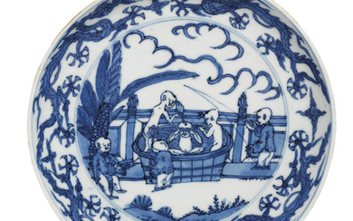 A RARE BLUE AND WHITE 'BOYS' DISH, WANLI SIX-CHARACTER MARK IN UNDERGLAZE BLUE WITHIN A DOUBLE CIRCLE AND OF THE PERIOD (1573-1619)