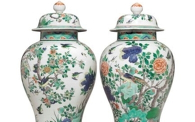 A PAIR OF SAMSON FAMILLE VERTE BALUSTER JARS AND COVERS, PROBABLY LATE 19TH/EARLY 20TH CENTURY