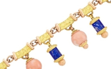 Two-Color Gold, Coral and Lapis Bead Charm Bracelet, Emil Meister for Cazzaniga