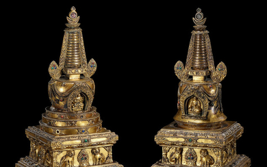 Two gilt-bronze stupas
