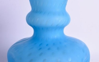 AN UNUSUAL EDWARDIAN BLUE VASELINE GLASS CRIMPED VASE.