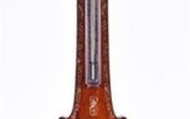 A Victorian rosewood cased banjo barometer inlaid with mother of pearl birds and floral motifs, comprising a hygrometer,...