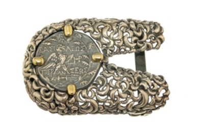 Gilbert Albert, boucle de ceinture, pièce antique d'imitation en argent