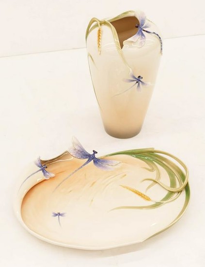 2pc Franz Porcelain Dragonfly Vase and Tray. Includes a
