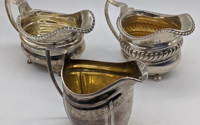 3 George III silver cream jugs, later repousse embossed,...