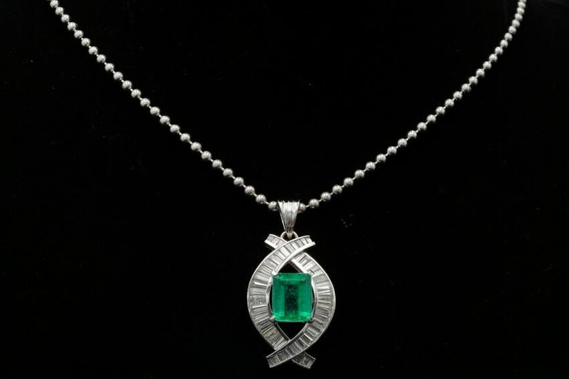 3.75ct Emerald, 2.40ctw Diamond Platinum Necklace