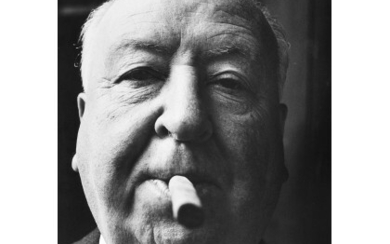 MARIO DE BIASI ( 1923 - 2013 ) , Alfred Hitchcock 1970 Vintage gelatin silver print. Signature, title and date on the reverse. 15.94 x 12.2 in.