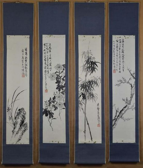 4 Chinese scroll paintings 4 NOBLES plum orchid bamboo