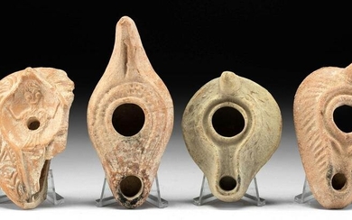 4 Roman Pottery Oil Lamps - 1 with Figure