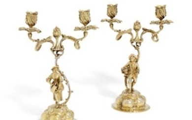 A PAIR OF VICTORIAN SILVER TWO-LIGHT CANDELABRA, 'MARK OF GEORGE FOX, LONDON, 1880, THE FIGURES EARLY 20TH CENTURY'.
