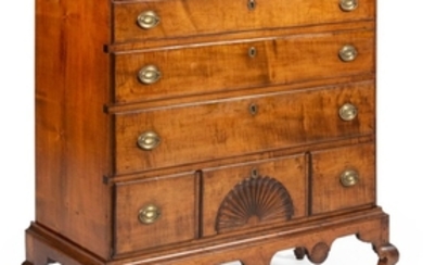 QUEEN ANNE CHEST ON FRAME ATTRIBUTED TO THE DUNLAP FAMILY In curly maple. Four graduated full-width drawers, the lowest simulating t...