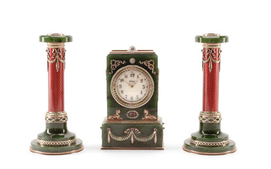 A Russian 14K Gold, Diamond, Guilloche Enamel, Spinach Jade, and Cabochon-Mounted Clock and pair of candlesticks