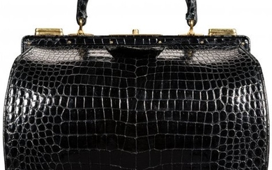 58026: Hermès Shiny Black Crocodile Sac Mallette