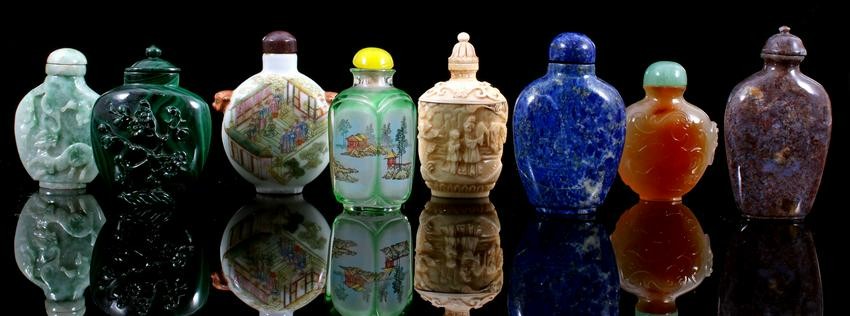 8 Chinese jade, stone, glass and porcelain bottles