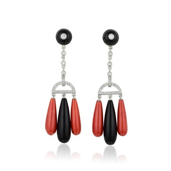 A Pair of Platinum Coral Onyx and Diamond Drop Earrings