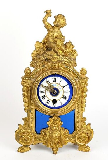French Figural Bronze & Porcelain Mantle Clock