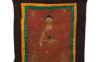 TIBETAN THANKA Depicting Buddha enthroned with four attendants. Executed in gold on a red ground with some blue highlights. 22" x 17...
