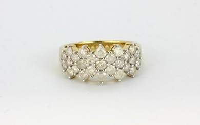 A 10ct yellow gold (stamped 10k) ring set with brilliant cut diamonds, approx. 1ct overall, (O).