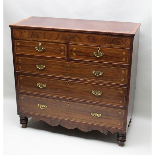 A 19TH CENTURY MAHOGANY CHEST OF FIVE DRAWERS, profusely & d...