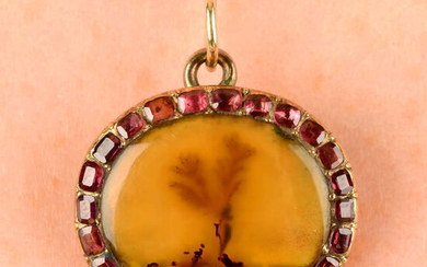 A 19th century 15ct gold moss agate and garnet cluster pendant.