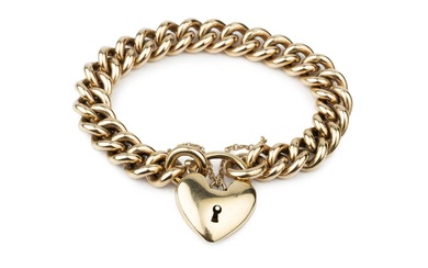 A 9k gold curb link bracelet, with heart shaped padlock...