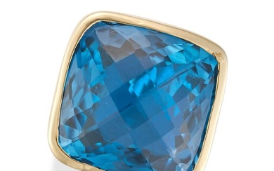 A BLUE TOPAZ AND DIAMOND RING set with a fancy cut blue topaz of 37.60 carats, the shoulders set