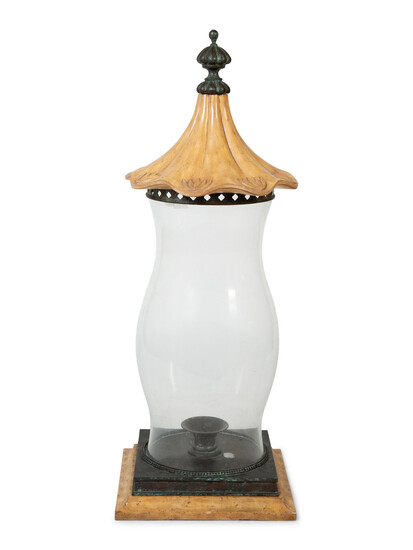 A Blown Glass Hurricane Lamp with Wood Cover