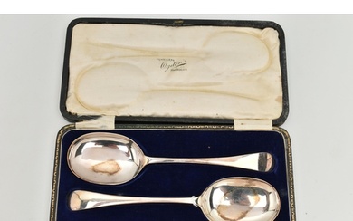 A CASED SET OF TWO GEORGE V SILVER SERVING SPOONS, old Engli...