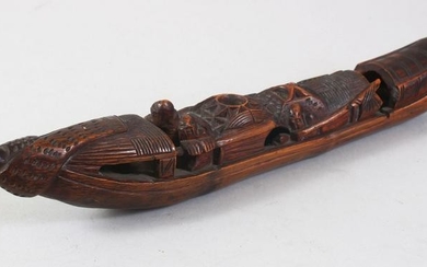 A CHINESE BAMBOO MODEL OF A FISHING BOAT, 26CM LONG.