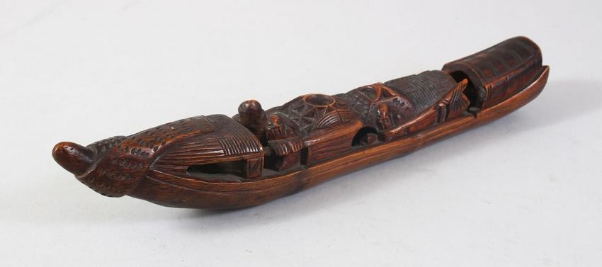 A CHINESE BAMBOO MODEL OF A FISHING BOAT, 26CM LONG.