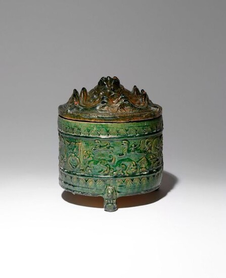A CHINESE GREEN GLAZED POTTERY 'HILL' JAR AND COVER HAN...