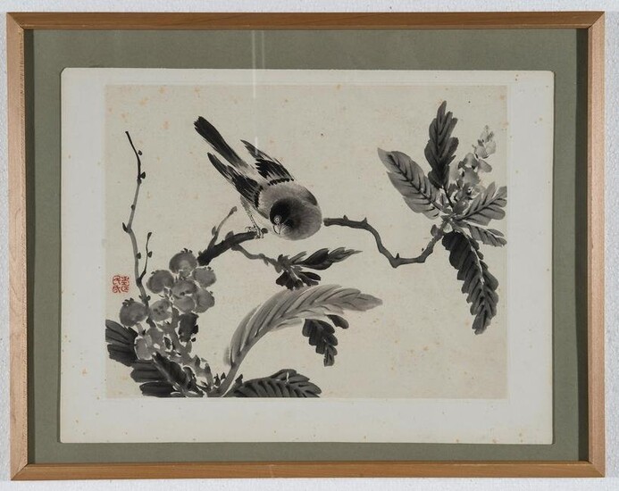 A CHINESE ORIGINAL PRINT OF A BIRD ON A BRANCH