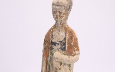 A CHINESE PAINTED POTTERY FIGURE OF LADY