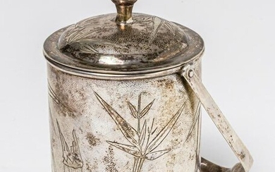 A CHINESE SILVER TIN WITH GLASS INSIDE, probably