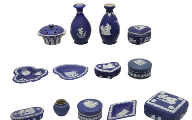 A COLLECTION OF WEDGWOOD BLUE JASPERWARE TRINKET BOXES.