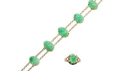 A Chinese Jadeite Bracelet Together With a Chinese Jadeite Ring Length 6 1/6 "