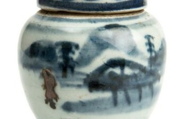 A Chinese Porcelain Blue and White Lidded Jar on Wooden