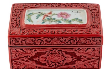 A Chinese Porcelain-Inset Red Lacquer Box