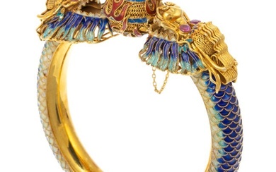 A Chinese Ruby & Enamel Dragon Bracelet in 14K