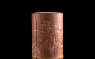 A Chinese bamboo carved 'lotus flower' brush pot, 18th/19th century