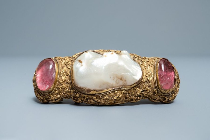 A Chinese baroque pearl and rose quartz inset...
