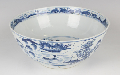 A Chinese blue and white porcelain bowl, mark of Kangxi but late 19th century, painted inside and ou
