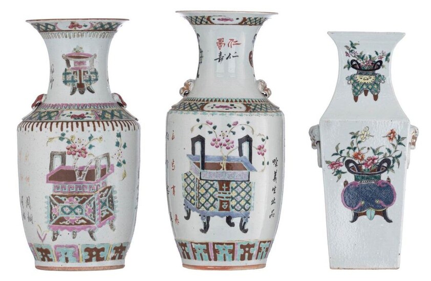 A Chinese famille rose fanghu vase, decorated with flower baskets...