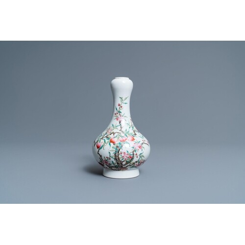 A Chinese famille rose 'peaches' bottle vase, 'Dun mu tang z...