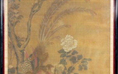 A Chinese painting on silk, two phoenixes and peonies