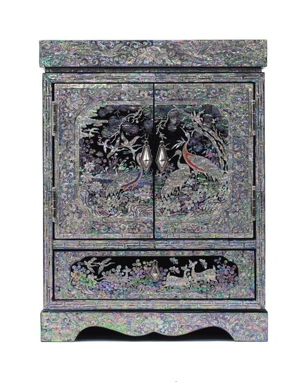 A Chinese pala shell and mother of pearl inlaid vanity case, the hinged doors enclosing internal mirror and three drawers above single drawer on bracket feet, 37cm high, 28cm wide, 17.2cm deep