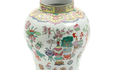 A Chinese porcelain jar, decorated in enamel colours with still life and...