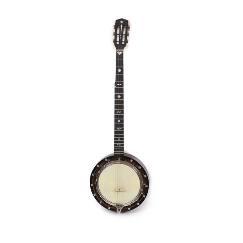 A Clifford Essex inlaid ebony banjo, nut to bridge 26.5 inch...
